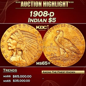1908-d Gold Indian Half Eagle $5 ms65+ USCG