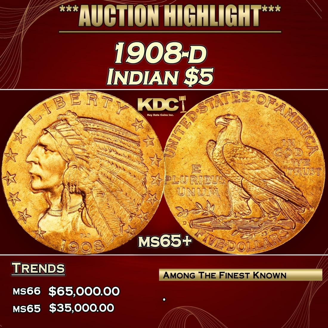 1908-d Gold Indian Half Eagle $5 ms65+ USCG (1 of 4)