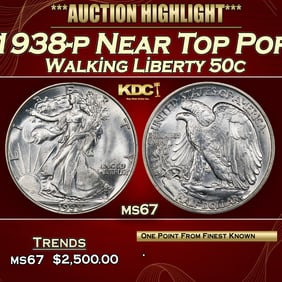 1938-p Walking Liberty Half Dollar Near Top Pop 50c ms67 SEGS