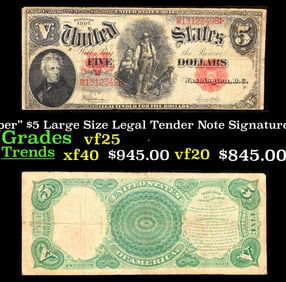 1907 $5 Large Size Legal Tender Note "WoodChopper" Grades vf+ Signatures Speelman/White