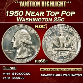 1950 Proof Washington Quarter Near Top Pop 25c pr68+ SEGS
