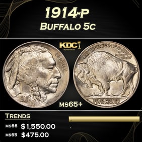 1914-p Buffalo Nickel 5c Grades ms65+
