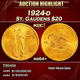 1924-d Gold St. Gaudens Double Eagle $20 ms64+ SEGS