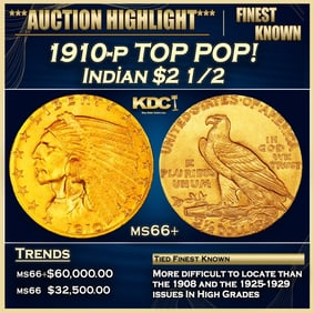 1910-p Gold Indian Quarter Eagle TOP POP! $2 1/2 ms66+ USCG