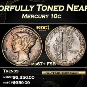 1941-p Mercury Dime Colorfully Toned Near Top Pop! 10c ms67+ FSB SEGS