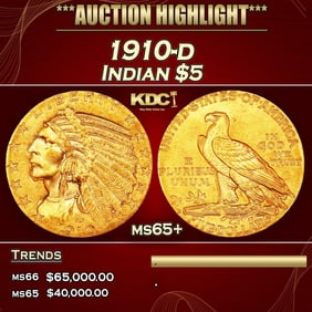 1910-d Gold Indian Half Eagle $5 ms65+ USCG