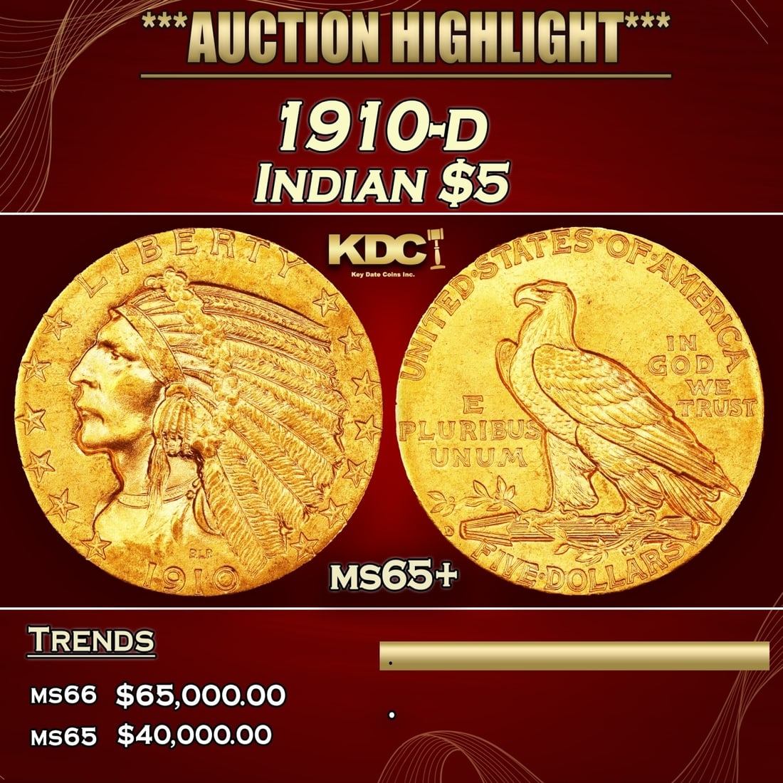 1910-d Gold Indian Half Eagle $5 ms65+ USCG (1 of 4)