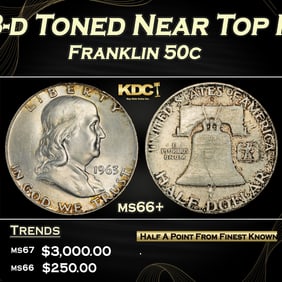 1963-d Franklin Half Dollar Toned Near Top Pop 50c ms66+ SEGS