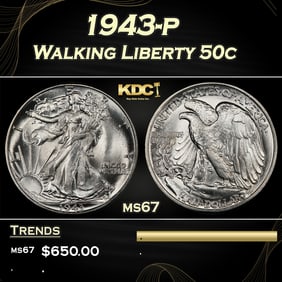 1943-p Walking Liberty Half Dollar 50c ms67 SEGS