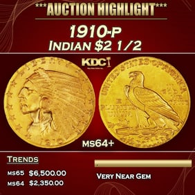 1910-p Gold Indian Quarter Eagle $2 1/2 ms64+ SEGS
