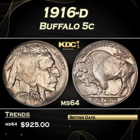 1916-d Buffalo Nickel 5c Grades ms64
