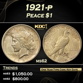 1921-p Peace Dollar $1 ms62 USCG