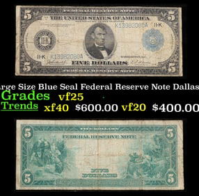 1914 $5 Large Size Blue Seal Federal Reserve Note Dallas, TX Grades vf+ FR-884