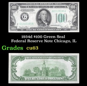 1934d $100 Green Seal Federal Reserve Note Chicago, IL Grades Select CU