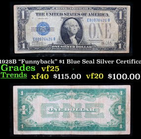 1928B $1 Blue Seal Silver Certificate "Funnyback" Grades vf+