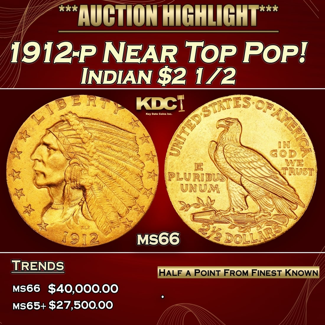 1912-p Gold Indian Quarter Eagle Near Top Pop! $2 1/2 ms66 USCG (1 of 4)