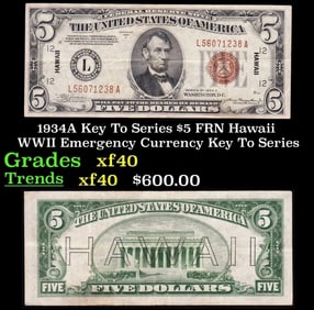 1934A $5 FRN Hawaii WWII Emergency Currency Grades xf