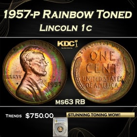 PCGS 1957-p Lincoln Cent Rainbow Toned 1c ms63 RB PCGS