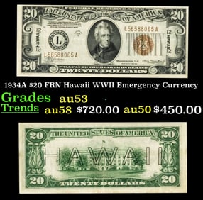 1934A $20 FRN Hawaii WWII Emergency Currency Grades Select AU