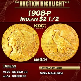 1908-p Gold Indian Quarter Eagle $2 1/2 ms64+ SEGS