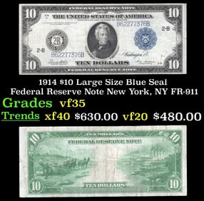 1914 $10 Large Size Blue Seal Federal Reserve Note New York, NY Grades vf++ FR-911