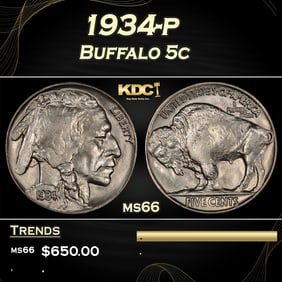1934-p Buffalo Nickel 5c Grades ms66