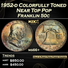 1952-d Franklin Half Dollar Colorfully Toned Near Top Pop 50c ms66+ SEGS