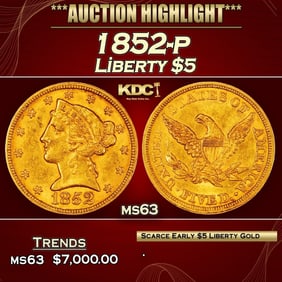 1852-p Gold Liberty Half Eagle $5 ms63 USCG