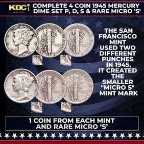 Complete 4 Coin 1945 Mercury Dime Set P, D, S & Rare Micro 'S'