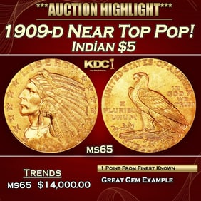 1909-d Gold Indian Half Eagle Near Top Pop! $5 ms65 USCG