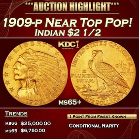 1909-p Gold Indian Quarter Eagle Near Top Pop! $2 1/2 ms65+ SEGS