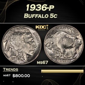 1936-p Buffalo Nickel 5c ms67 SEGS