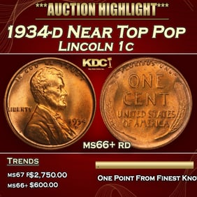 1934-d Lincoln Cent Near Top Pop 1c ms66+ rd SEGS