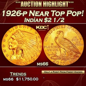 1926-p Gold Indian Quarter Eagle Near Top Pop! $2 1/2 ms66 USCG