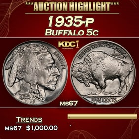 1935-p Buffalo Nickel 5c ms67 SEGS