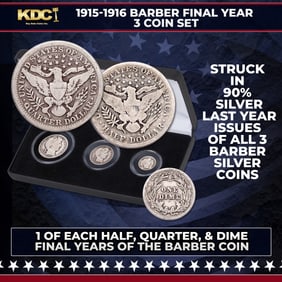 1915-1916 Barber Final Year 3 Coin Set, 1 of Each Half, Quarter, & Dime