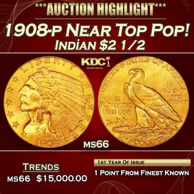 1908-p Gold Indian Quarter Eagle Near Top Pop! $2 1/2 ms66 USCG