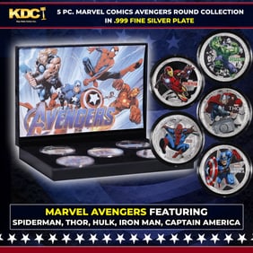 5 Coin Marvel Disney Avengers Silver Plated Round Collection Spider-Man, Hulk, Captain America,