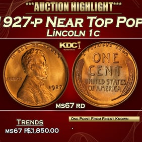 1927-p Lincoln Cent Near Top Pop! 1c ms67 rd SEGS