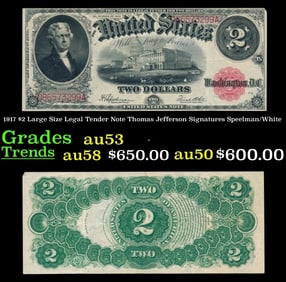 1917 Speelman/White $2 Large Size Legal Tender Note Grades Select AU