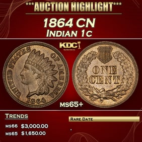 1864 CN Indian Cent 1c ms65+ SEGS