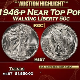 1946-p Walking Liberty Half Dollar Near Top Pop 50c ms67 SEGS