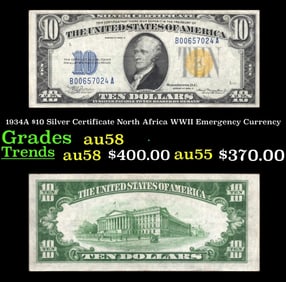 1934A $10 Silver Certificate North Africa WWII Emergency Currency Grades Choice AU/BU Slider