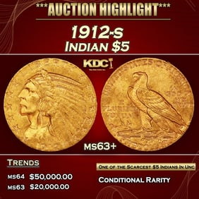 1912-s Gold Indian Half Eagle $5 ms63+ USCG