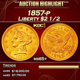 1857-p Gold Liberty Quarter Eagle $2 1/2 ms65+ SEGS