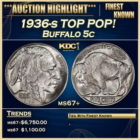 1936-s Buffalo Nickel TOP POP! 5c ms67+ SEGS