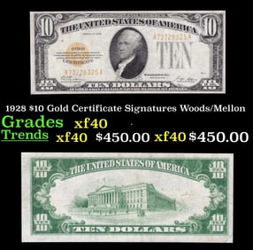 1928 $10 Gold Certificate Grades xf