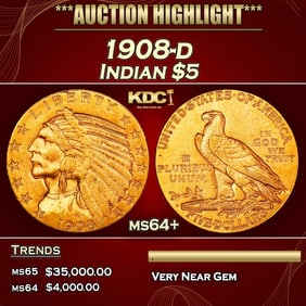 1908-d Gold Indian Half Eagle $5 ms64+ USCG