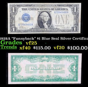 1928A $1 Blue Seal Silver Certificate "Funnyback" Grades vf+