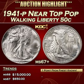 1941-p Walking Liberty Half Dollar Near Top Pop 50c ms67+ SEGS